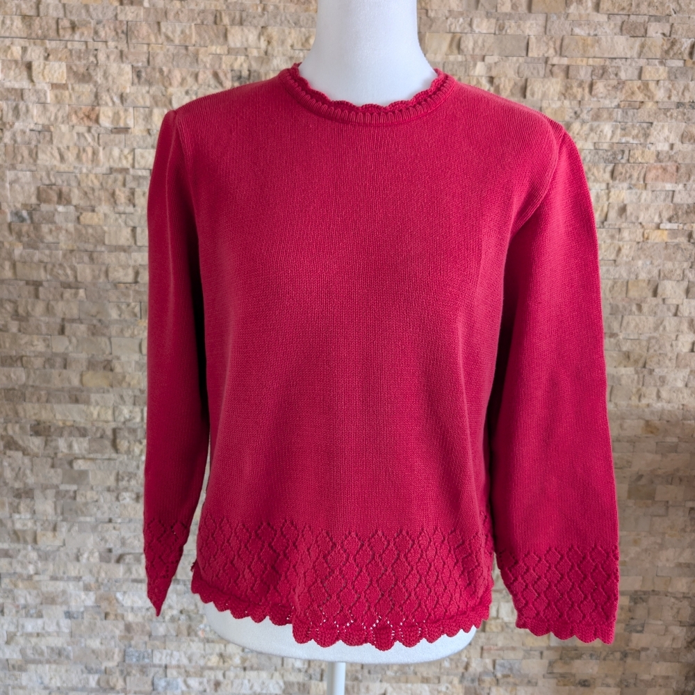 Vintage Villager Red Pointelle Knit Scalloped Edge Pullover Cotton Sweater MP